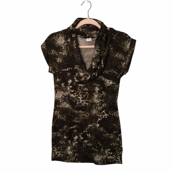 ULTRA‎ FLIRT Womens L Brown Gray White Tunic Top Blouse Short Sleeve Cowl Neck - Picture 1 of 5